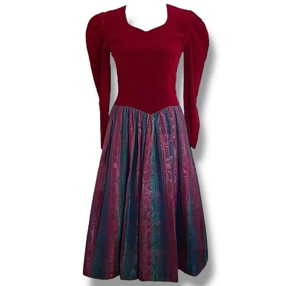 Vintage 1980s Nuit Womens Dress Sz 2 Petite Burgundy Velvet Puff Sleeve Midi - Picture 2 of 13